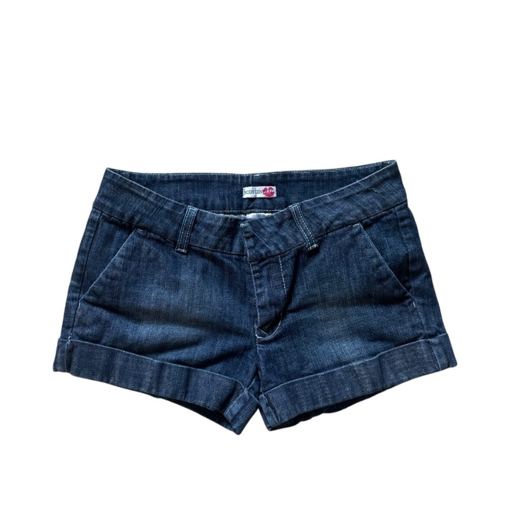 Body Central Y2K Low Rise Mini Shorts Sz 5 Dark Wash Denim Cuffed Pockets